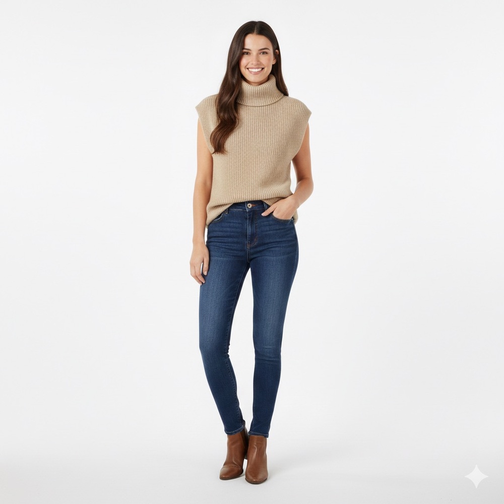 Zara Tan Ribbed Knit Turtleneck Sleeveless Sweater Vest Women’s SM - Picture 2 of 6